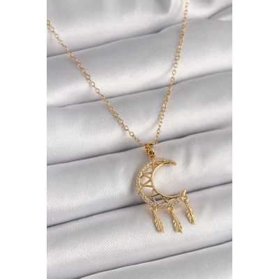 BFS 316L Çelik Gold Renk Zincir Zirkon Taşlı Hilal Model Sallantı Yaprak Detay Kadın Kolye