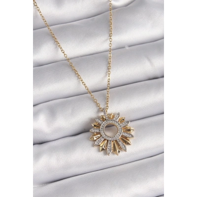 BFS 316L Çelik Gold Renk Zincir Zirkon Taşlı Mix Renk Güneş Model Kadın Kolye