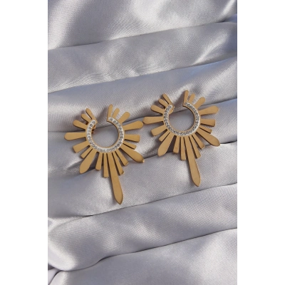 BFS 316L Çelik Gold Renk Zirkon Taşlı Güneş Figürlü Küpe