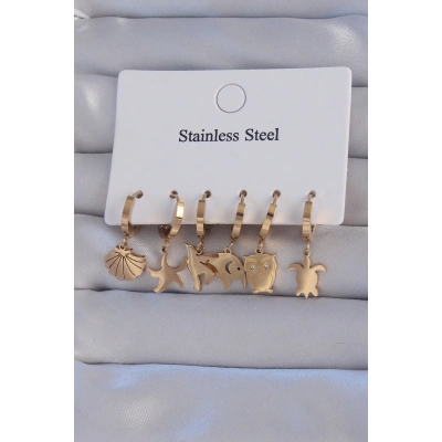 BFS 316L Çelik Gold Renk Zirkon Taşlı Hayvan Figürlü Deniz Yıldızı Model Halka Küpe Seti