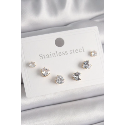 BFS 316L Çelik Gold Renk Zirkon Taşlı Kalp Model Kadın Küpe Seti