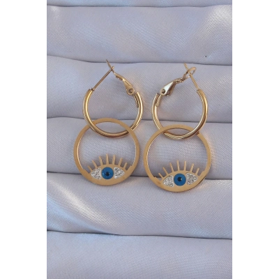 BFS 316L Çelik Gold Renk Zirkon Taşlı Mavi Göz Tasarımlı Halka Küpe