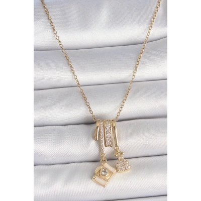 BFS 316L Çelik Gold Renk Zirkon Taşlı Sallantı Fotoğraf Makinası Figür Charm Kadın Kolye