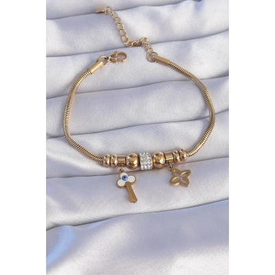 BFS 316L Çelik Gold Renk Zirkon Taşlı Yonca Detay Nazarlı Anahtar Tasarımlı Bileklik