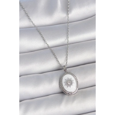 BFS 316L Çelik Gümüş Renk Beyaz Mineli Güneş İşlemeli Nazar Boncuk Detay Madalyon Model Kadın Kolye