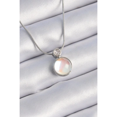 BFS 316L Çelik Gümüş Renk Beyaz Sedefli Vintage Model Kadın Kolye