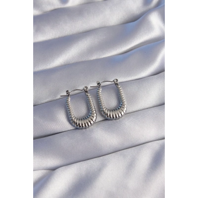 BFS 316L Çelik Gümüş Renk Dikdörtgen Tasarımlı Tırtıklı Küpe