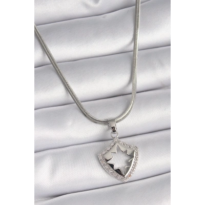BFS 316L Çelik Gümüş Renk İtalyan Zincir Zirkon Taşlı Kutup Yıldızı İşleme Model Kadın Kolye