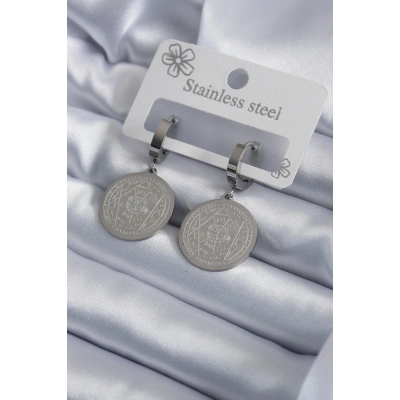 BFS 316L Çelik Gümüş Renk Pentagram Yıldızı İşleme Kadın Küpe