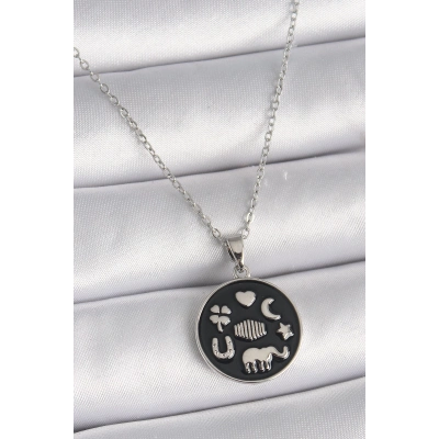 BFS 316L Çelik Gümüş Renk Siyah Renk Şans Kolyesi