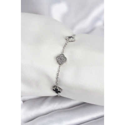 BFS 316L Çelik Gümüş Renk Siyah ve Zirkon Taşlı Baby Boy Yonca Kadın Bileklik