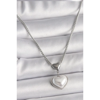 BFS 316L Çelik Gümüş Renk Zincir 3D Kalp Model Kadın Kolye