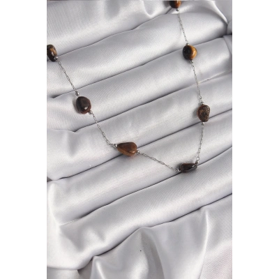 BFS 316L Çelik Gümüş Renk Zincir Kahverengi Doğaltaş Model Kadın Kolye