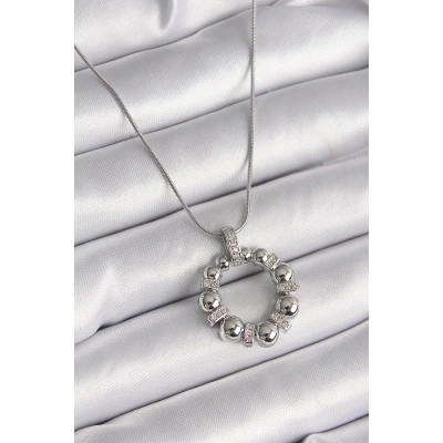 BFS 316L Çelik Gümüş Renk Zincir Zirkon Taş Detaylı Bombeli Halka Model Kadın Kolye