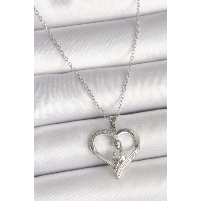 BFS 316L Çelik Gümüş Renk Zincir Zirkon Taş Detaylı Kalp Model Kadın Kolye