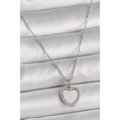 BFS 316L Çelik Gümüş Renk Zincir Zirkon Taşlı Beyaz Mineli Kalp Model Kadın Kolye