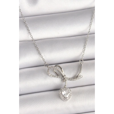 BFS 316L Çelik Gümüş Renk Zincir Zirkon Taşlı Düğüm Sallantı Kalp Figür Kadın Kolye