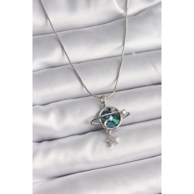 BFS 316L Çelik Gümüş Renk Zincir Zirkon Taşlı Gezegen Model Kadın Kolye