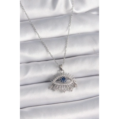 BFS 316L Çelik Gümüş Renk Zincir Zirkon Taşlı Göz Model Kadın Kolye