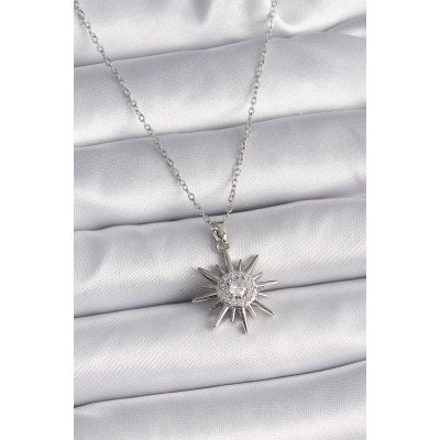 BFS 316L Çelik Gümüş Renk Zincir Zirkon Taşlı Güneş Model Kadın Yüzük