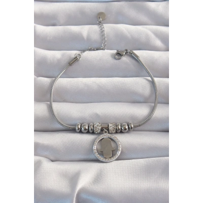 BFS 316L Çelik Gümüş Renk Zirkon Taş Aksesuarlı Fatma Ana Eli Bileklik