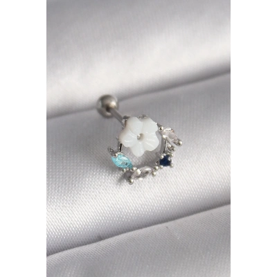 BFS 316L Çelik Gümüş Renk Zirkon Taş Detay Beyaz Çiçek Model Tragus Piercing