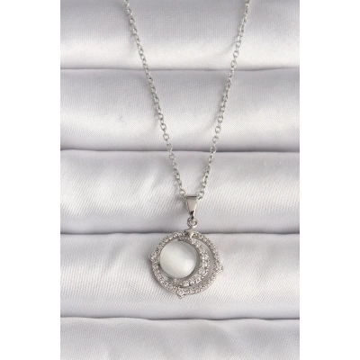 BFS 316L Çelik Gümüş Renk Zirkon Taşlı Beyaz Sedefli Hilal Model Kadın Kolye