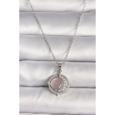 BFS 316L Çelik Gümüş Renk Zirkon Taşlı Pembe Sedefli Hilal Model Kadın Kolye
