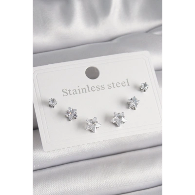 BFS 316L Çelik Gümüş Renk Zirkon Taşlı Yıldız Model Kadın Küpe Seti