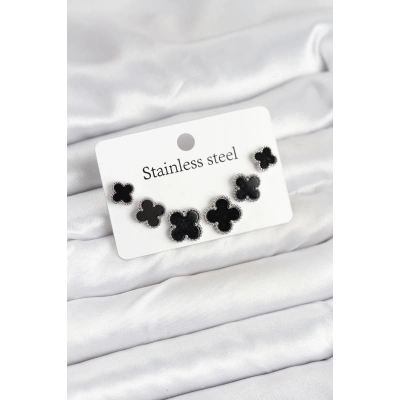 BFS 316L Çelik Gümüş Siyah Renk 3 Boy Yonca Küpe Seti