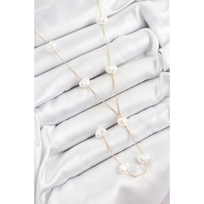 BFS 316L Çelik İncili Kalp Figürlü Y Model Gold Renk Kadın Kolye