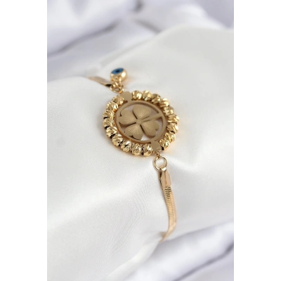 BFS 316L Çelik Nazar Boncuk Detaylı Yonca Model İtalyan Zincir Gold Renk Kadın Bileklik