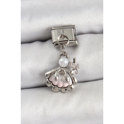 BFS 316L Çelik Sallantılı İnci Detaylı İstiridye Model Gümüş Renk Nomination Charm