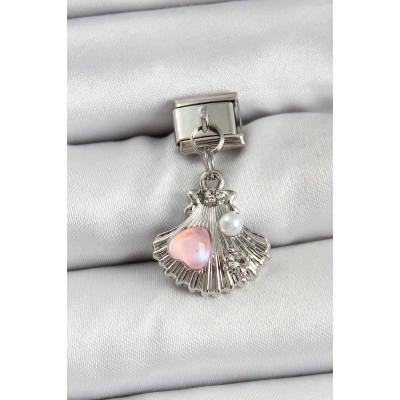 BFS 316L Çelik Sallantılı İnci Detaylı İstiridye Model Gümüş Renk Nomination Charm