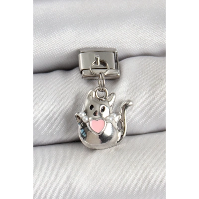 BFS 316L Çelik Sallantılı Kalp Detaylı Kedi Model Gümüş Renk Nomination Charm