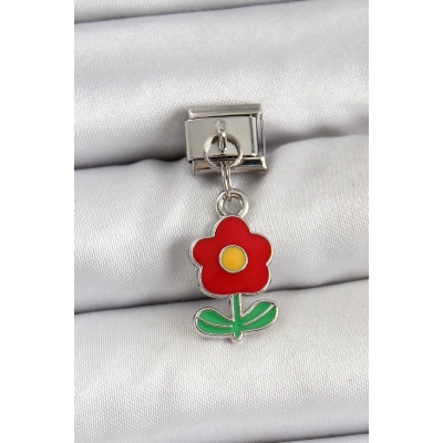BFS 316L Çelik Sallantılı Kırmızı Papatya Model Gümüş Renk Nomination Charm