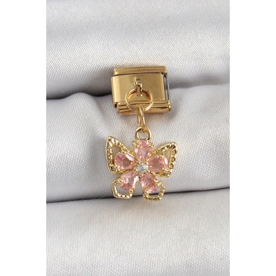 BFS 316L Çelik Sallantılı Zirkon Taşlı Çiçek Figürlü Kelebek Model Gold Renk Nomination Charm