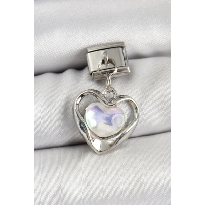 BFS 316L Çelik Sallantılı Zirkon Taşlı Kalp Model Gümüş Renk Nomination Charm