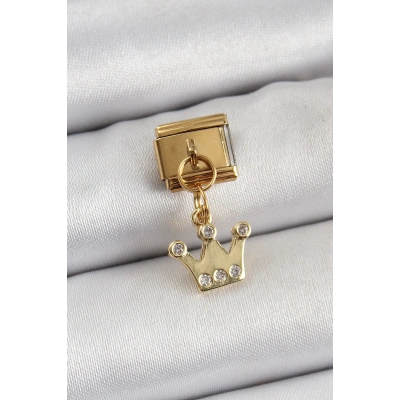 BFS 316L Çelik Sallantılı Zirkon Taşlı Kraliçe Tacı Model Gold Renk Nomination Charm