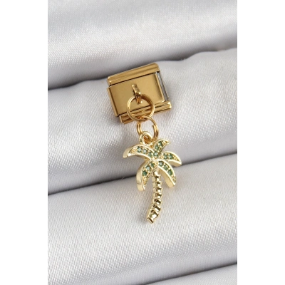 BFS 316L Çelik Sallantılı Zirkon Taşlı Palmiye Ağacı Model Gold Renk Nomination Charm