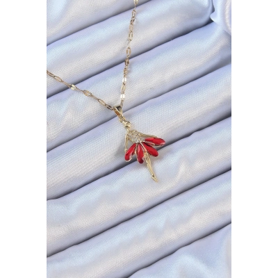BFS 316L Çelik Zincir Altın Renk Kırmızı Etekli Zirkon Taşlı Balerin Kolye