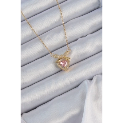 BFS 316L Çelik Zincir Altın Renk Pembe Zirkon Taşlı Fiyonklu Kalp Kolye