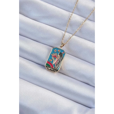BFS 316L Çelik Zincir Altın Renk Taç ve Kız Figürlü Renkli Mineli Tarot Kolye