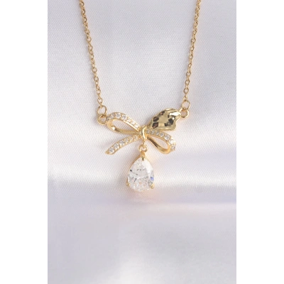 BFS 316L Çelik Zincir Altın Renk Zirkon Taşlı Damla Detay Fiyonk Kolye