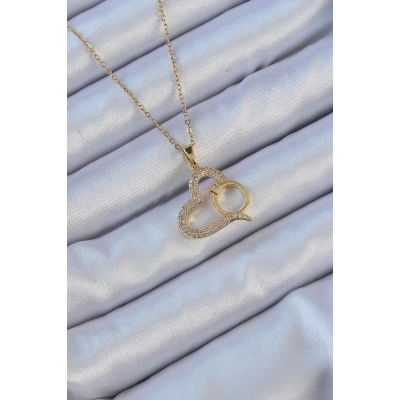BFS 316L Çelik Zincir Altın Renk Zirkon Taşlı Yüzüklü Kalp Kolye