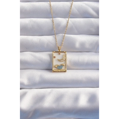 BFS 316L Çelik Zincir Gold Renk Ay Detay Mavi Zirkon Taşlı Tarot Kolye