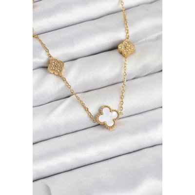 BFS 316L Çelik Zincir Gold Renk Beyaz ve Zirkon Taşlı Yonca Kadın Kolye