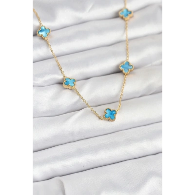 BFS 316L Çelik Zincir Gold Renk Buz Mavisi Baby Boy Yonca Kadın Kolye