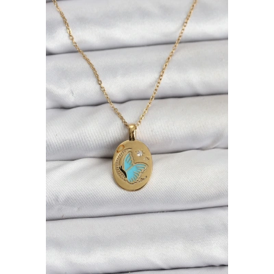 BFS 316L Çelik Zincir Gold Renk Kelebek Figür Kadın Kolye