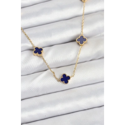 BFS 316L Çelik Zincir Gold Renk Lacivert Baby Boy Yonca Kadın Kolye